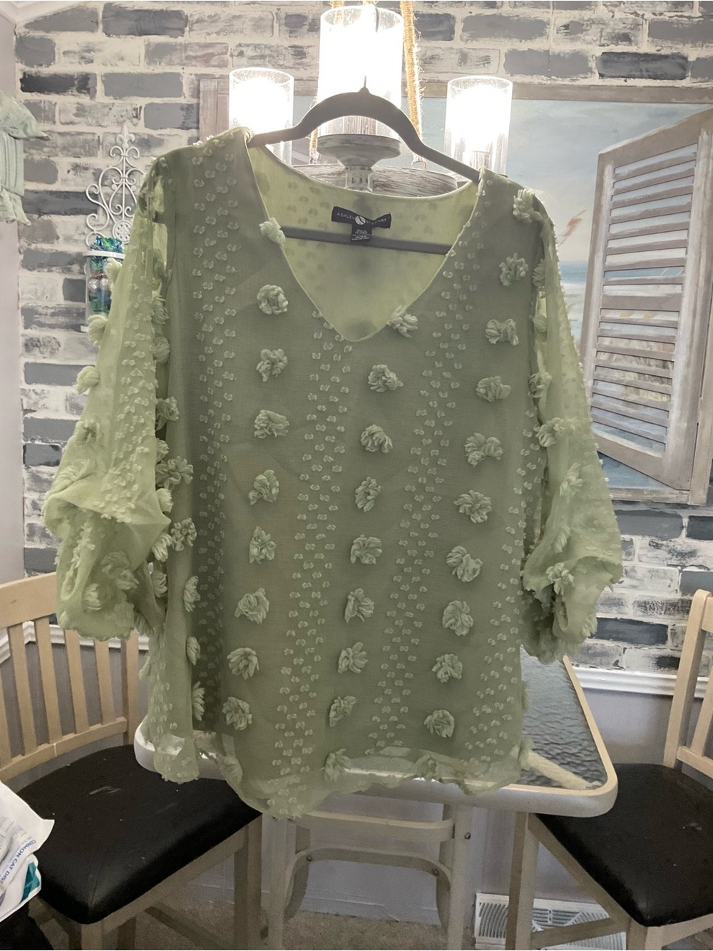 Ashley Stewart Light Green 3D Floral V-Neck Blouse